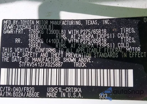 2007 Toyota Tundra Sr5 V8 z USA, uszkodzony, nr VIN 5TFRV54137X025887